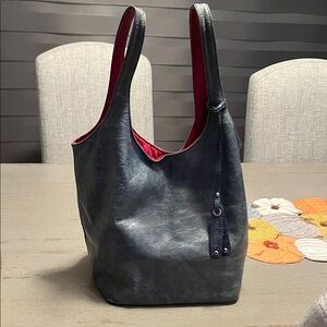 Belen Echandia Navy Bucket Bag with Red Lining